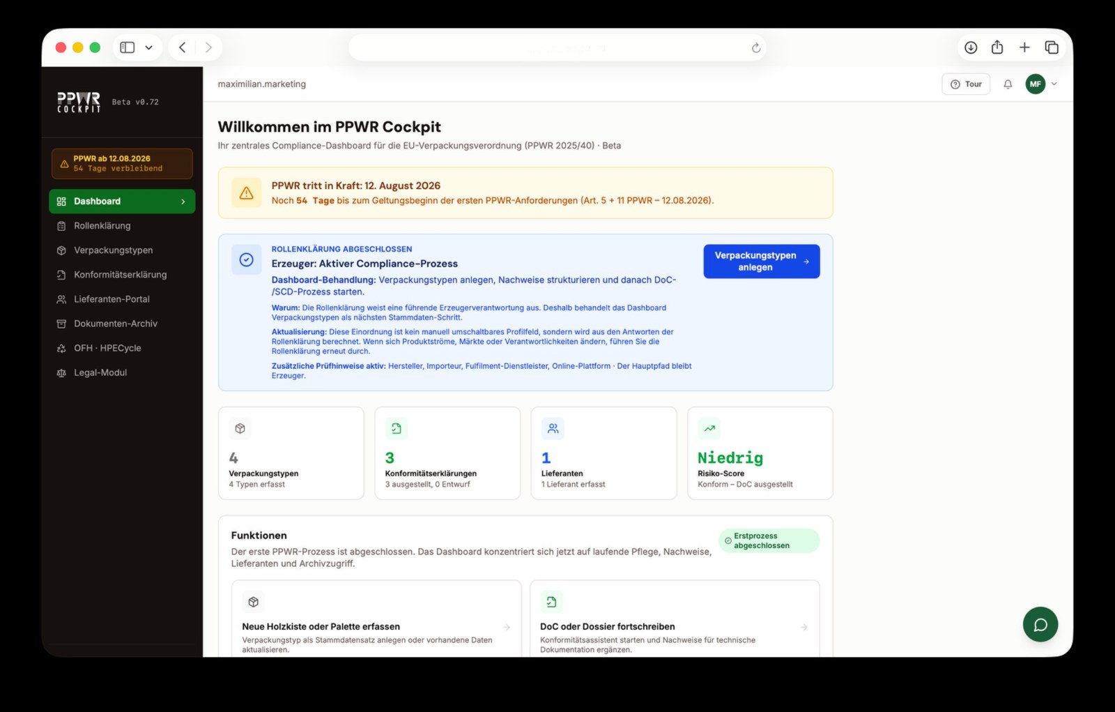 PPWR Cockpit Dashboard: Willkommen im PPWR Cockpit, zentrales Compliance-Dashboard